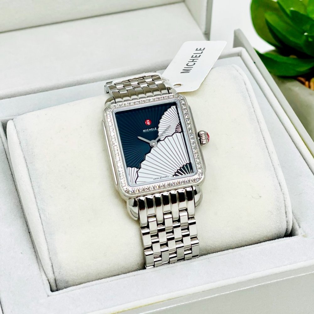 NWT MICHELE Deco Fan 62 Diamonds Square Black Dial Silver Watch MW06101A…